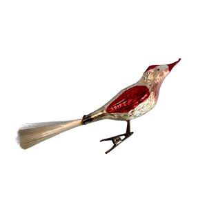 Vintage Blown Glass Bird Ornament Red Silver With Spun Glass Tail 6" Germany